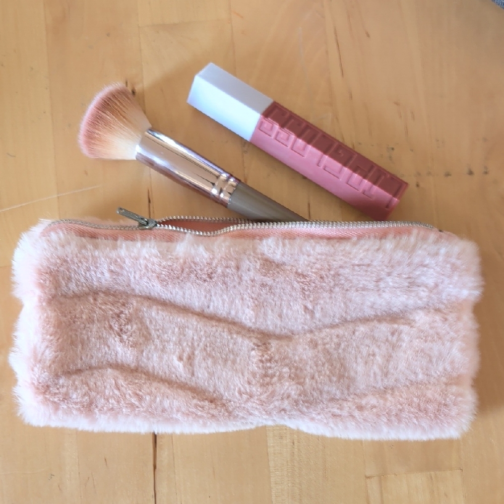 Pink Furry Plush Makeup Pouch Pencil Case Zipper Bag Cosmetics